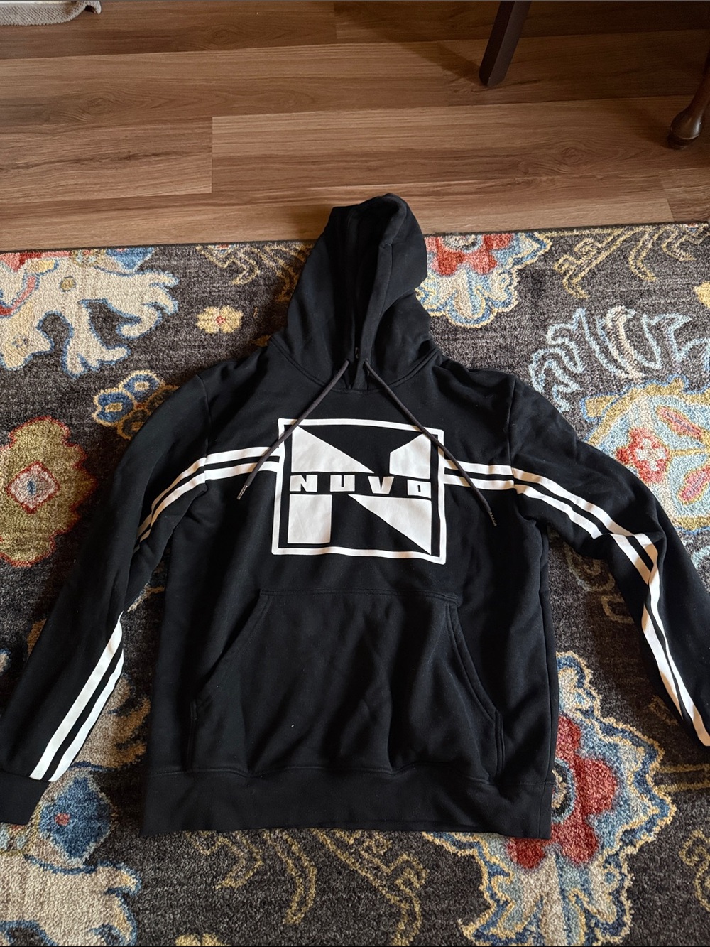 Black Crewneck Hoodie with White Graphic and Stripe Detail
